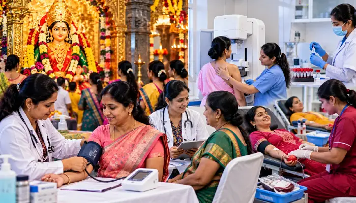 Shri Mahalaxmi Mandir, Sarasbag | Free health check-up camp for women on the occasion of Navratri! Organized by Shri Mahalaxmi Mandir and Harjeevan Hospital; a blood donation camp is also being held.